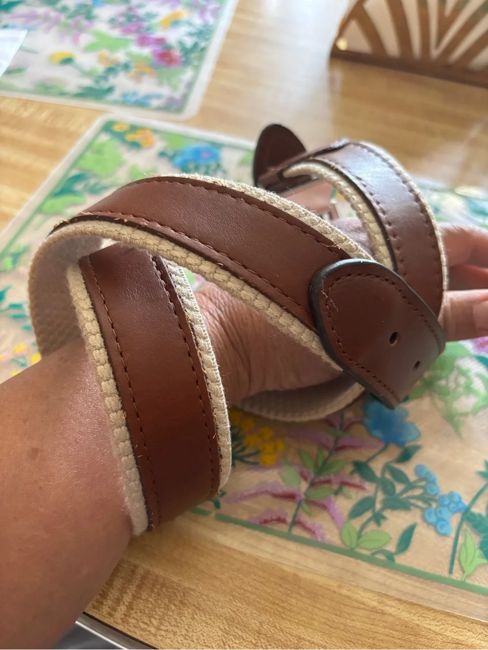 Tommy Bahama Brown Leather Belt with Cream Canvas Edge Reversible